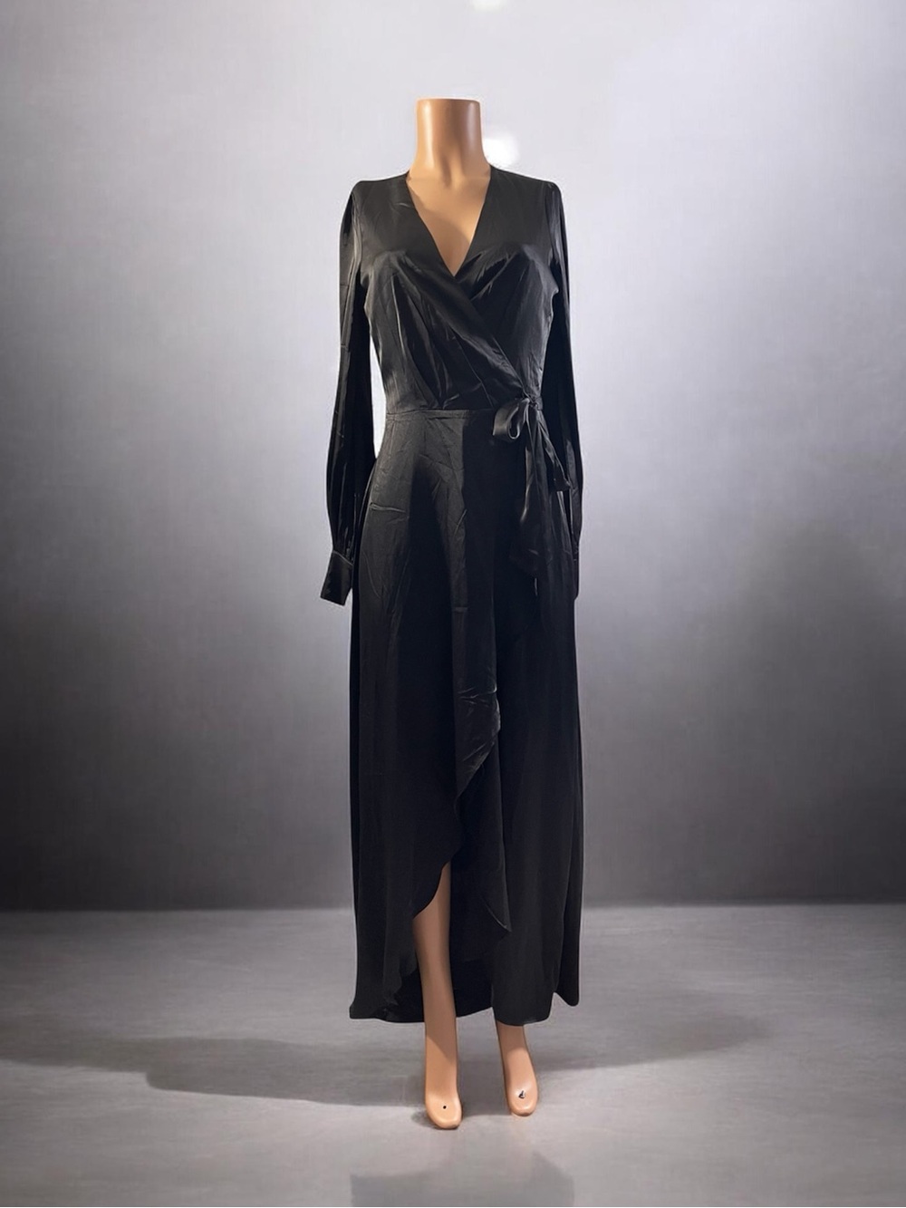 Miss Avenue Satin Maxi Black Wrap Dress